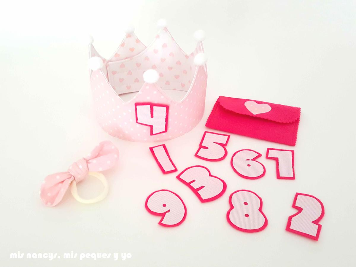 mis nancys, mis peques y yo, corona de cumpleaños de tela, conjunto corona, numeros y sobre