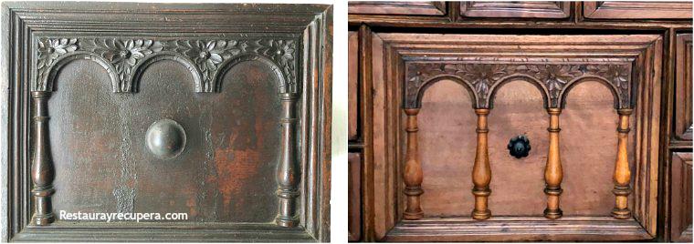 restauracion_bargueño_nogal_y_boj_cajon_columnas_antesydespues_restaurayrecupera