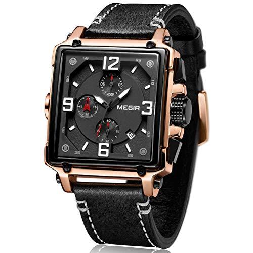 Relojes para Hombre oro rosa, Reloj grandes Rectángulo, Relojes Militar de Lujo de Cuero...