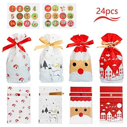 Matogle 24pcs Bolsas de Regalo de Navidad Calendario Bolsitas de Dulces Navideño con Cordón Bolsa...