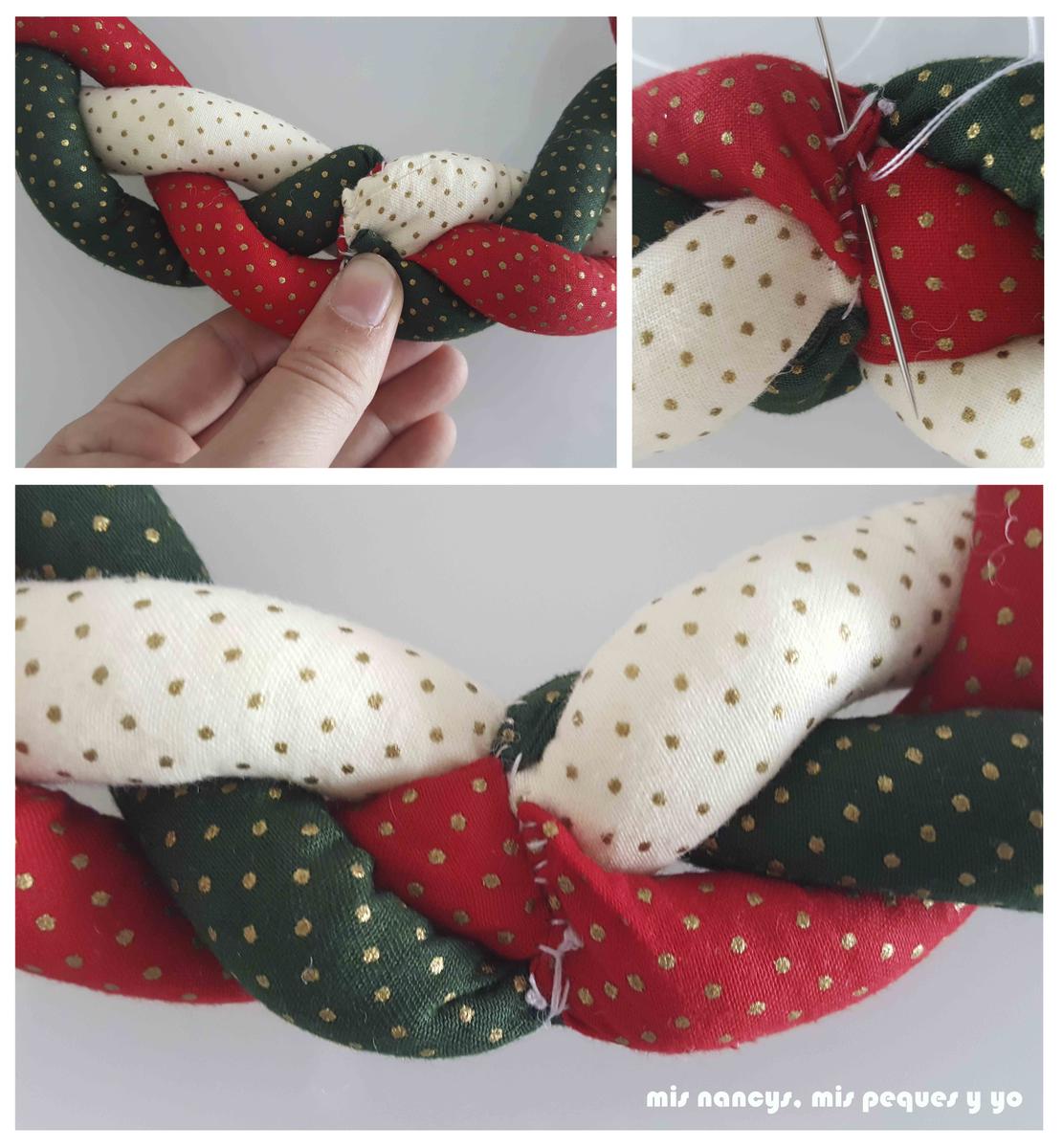 mis nancys, mis peques y yo, tutorial corona de navidad trenzada, coser ambos extremos de la trenza con unas puntadas