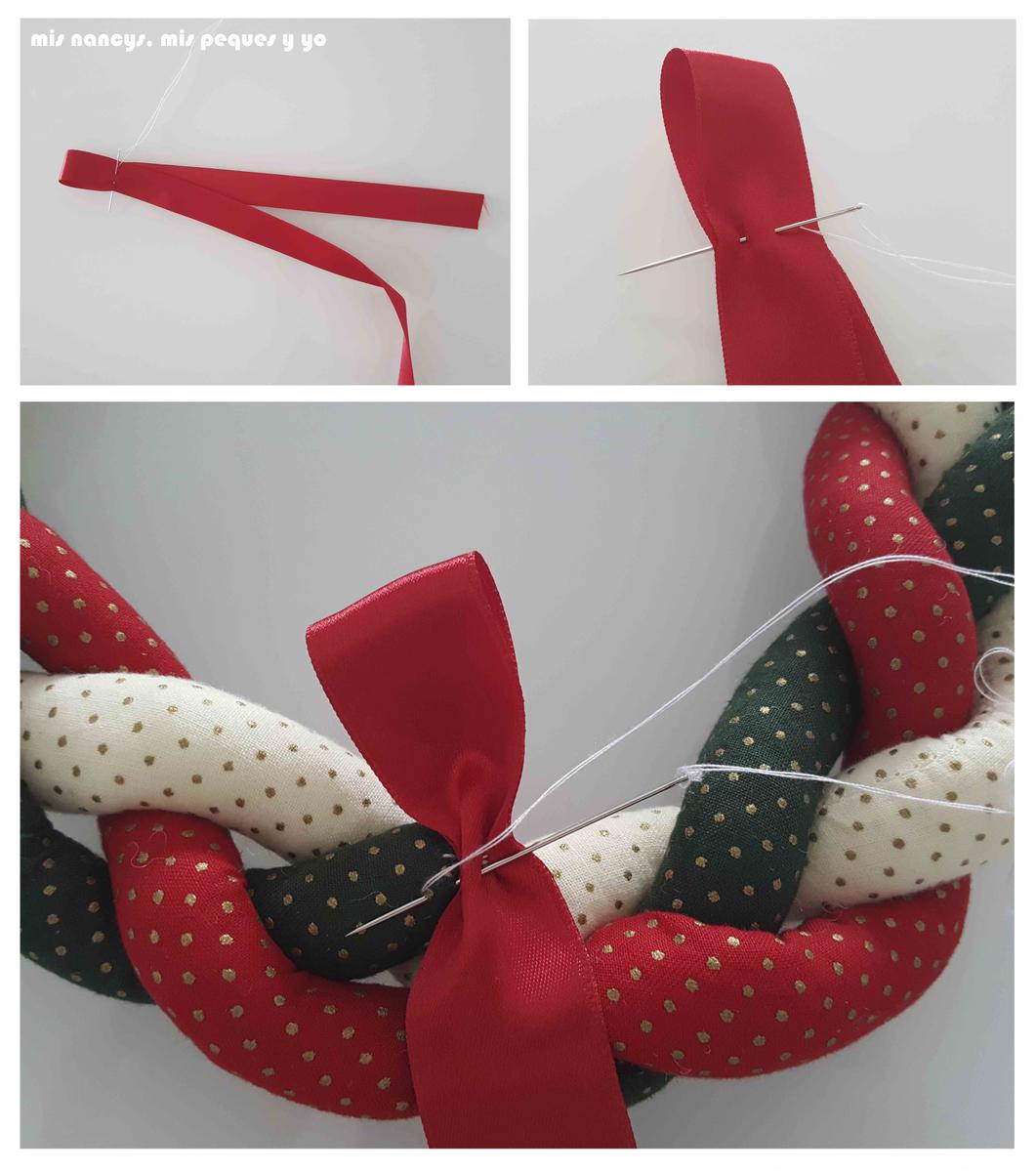mis nancys, mis peques y yo, tutorial corona de navidad trenzada, realizar adorno para tapar union de la trenza
