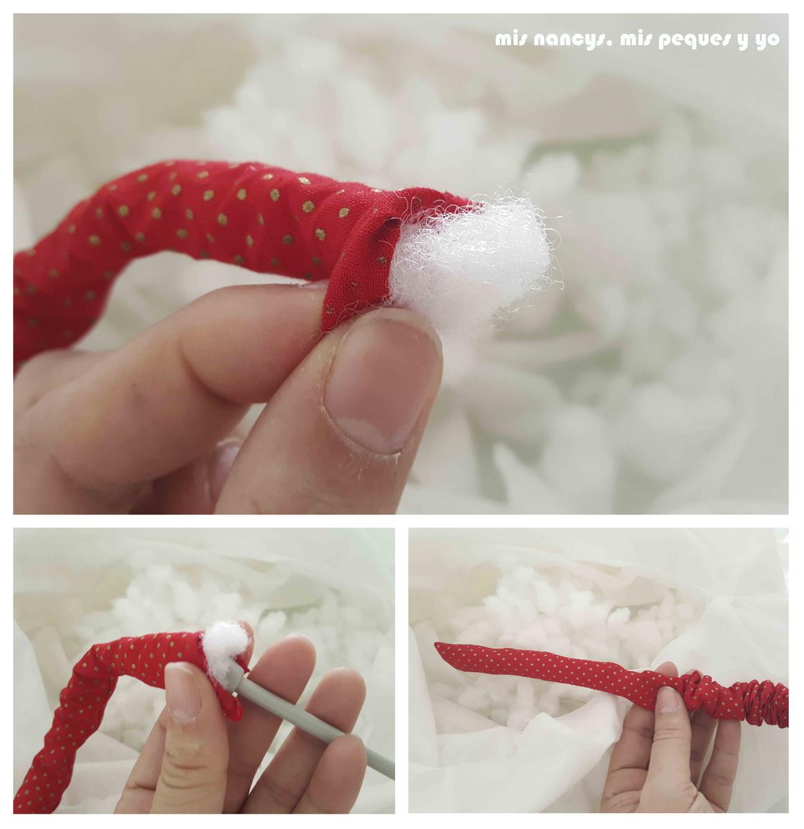 mis nancys, mis peques y yo, tutorial corona de navidad trenzada, rellenar las tiras de tela de guata o relleno de cojin
