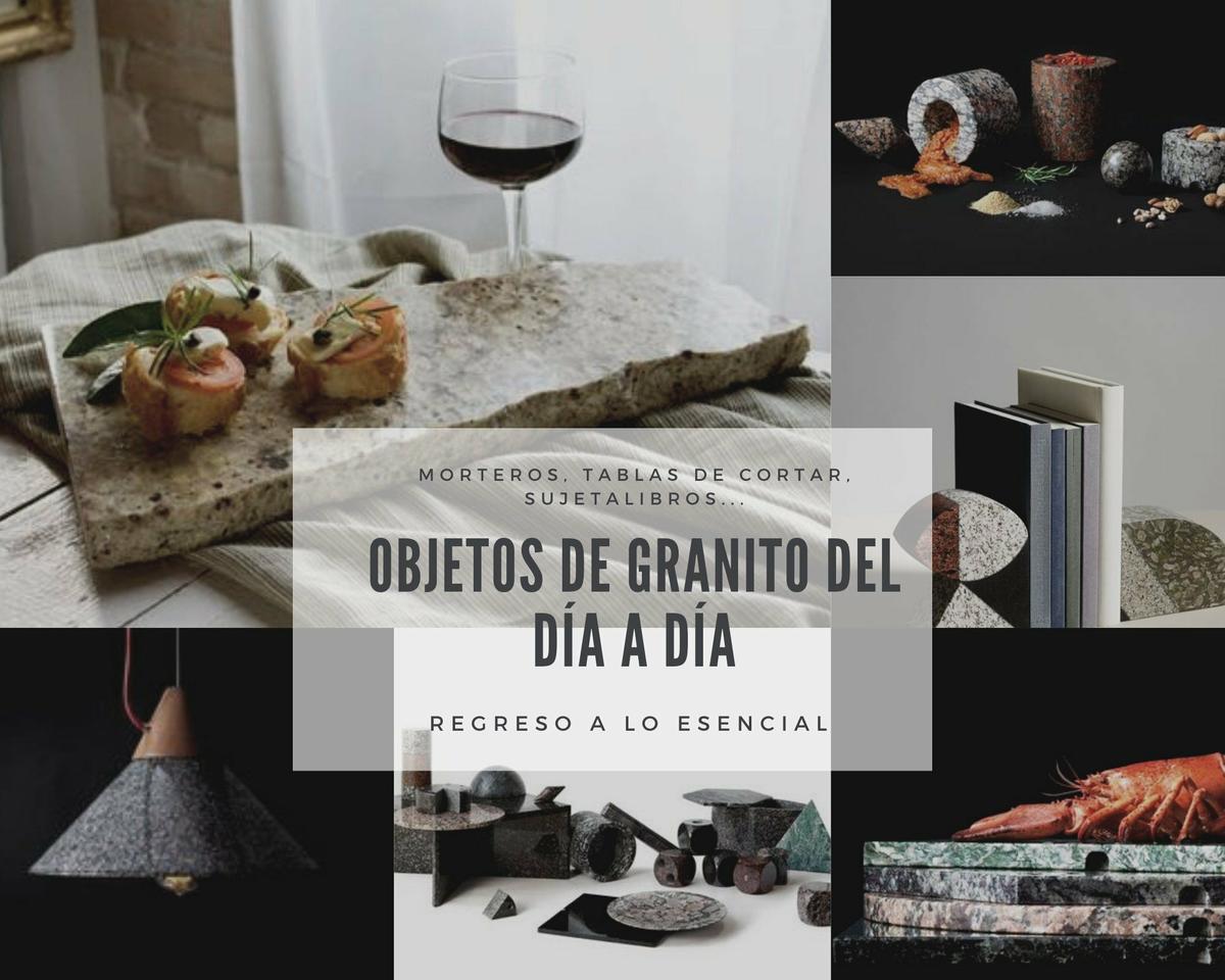 Pequeños objetos de granito como tablas de cortar, sujetalibros, morteros y hasta lámparas.
