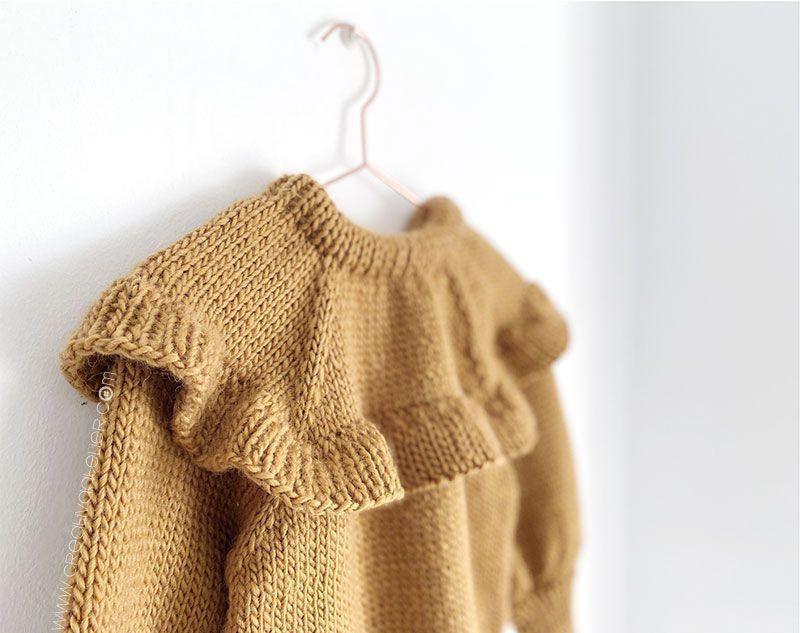 Cómo tejer un jersey de punto con volante para niña -Patrón y tutorial- De lado