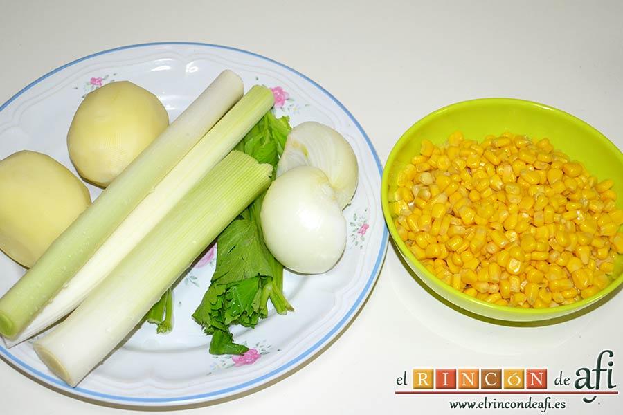 Crema de maíz y puerros, preparar los ingredientes