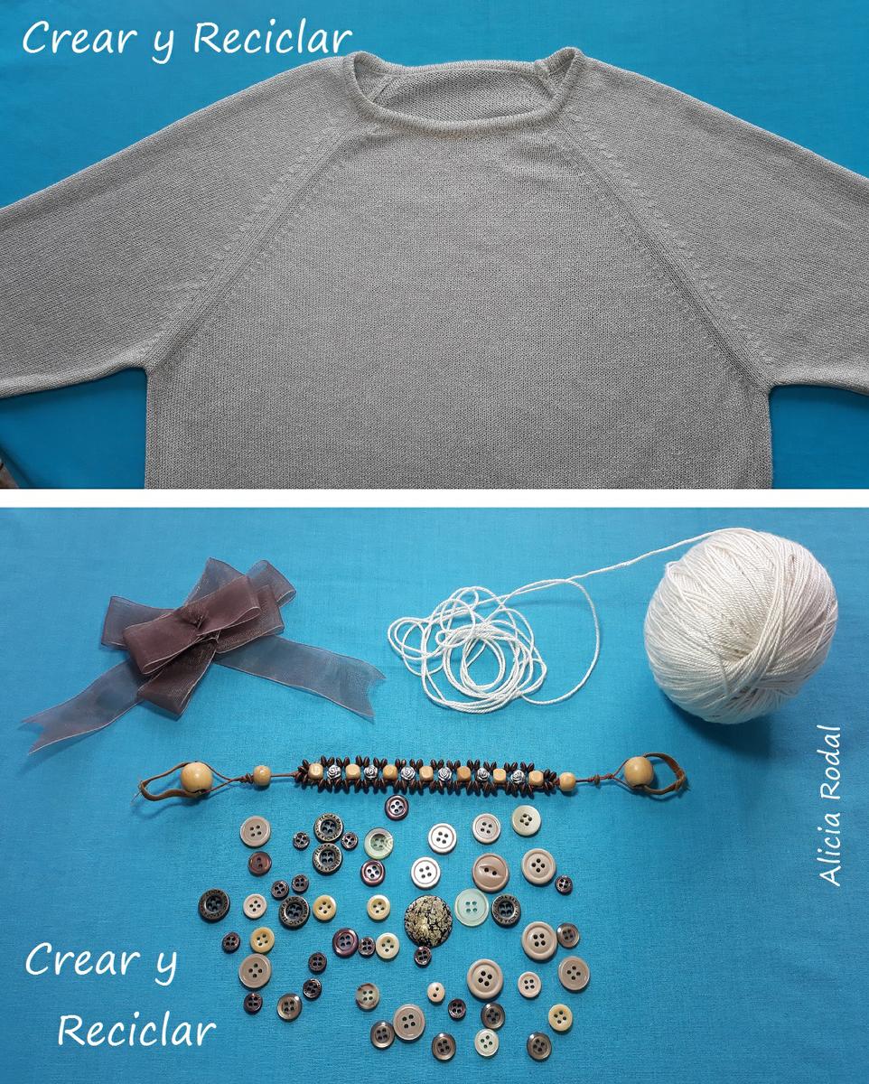 Ideas para customizar tu ropa. Como personalizar o decorar un suéter con botones y otros materiales reciclados.