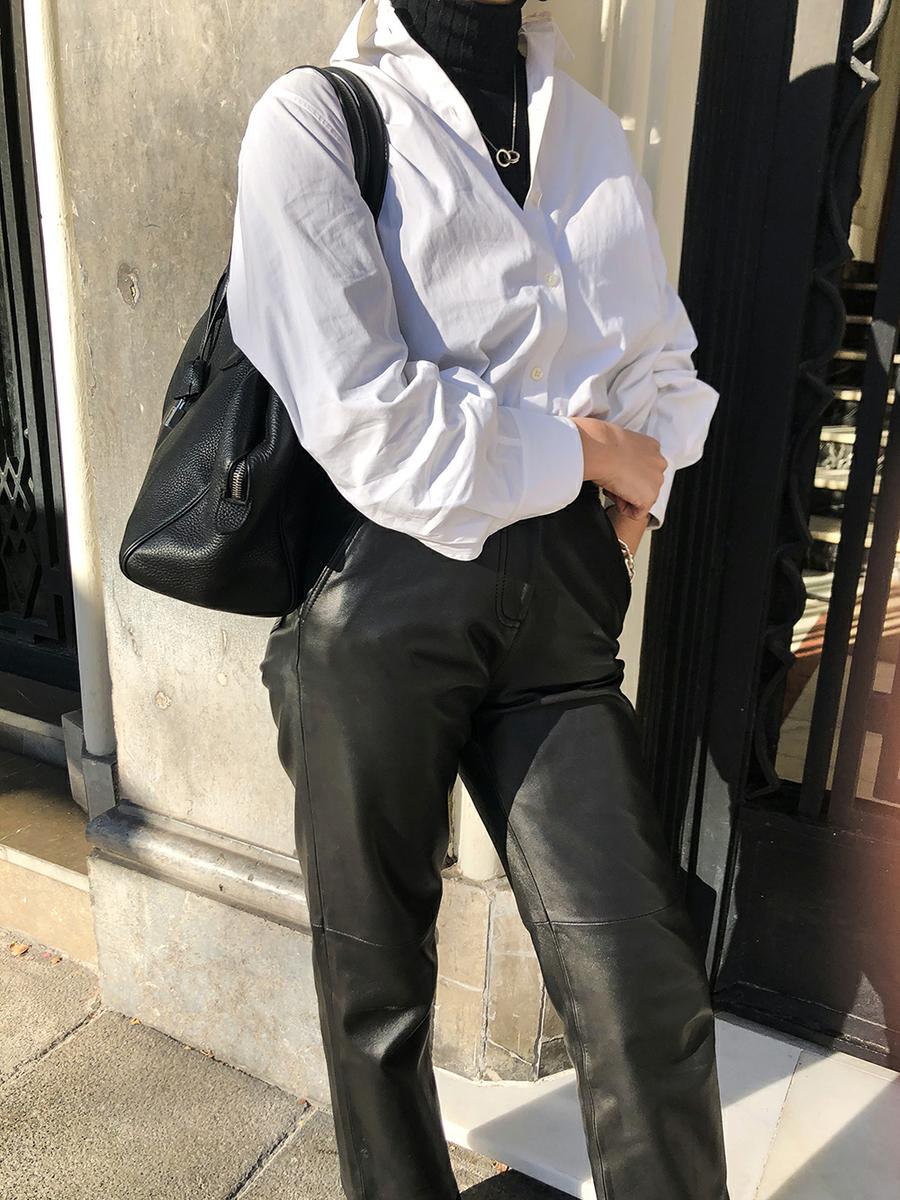 Trini | Max Mara leather trousers The Row shirt