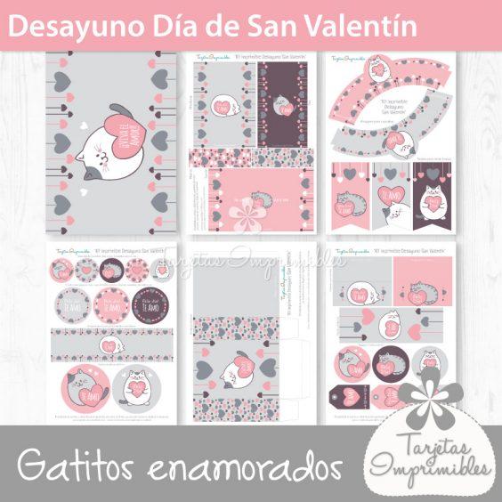 Bonito Kit imprimible para desayunos con gatitos enamorados | Manualidades