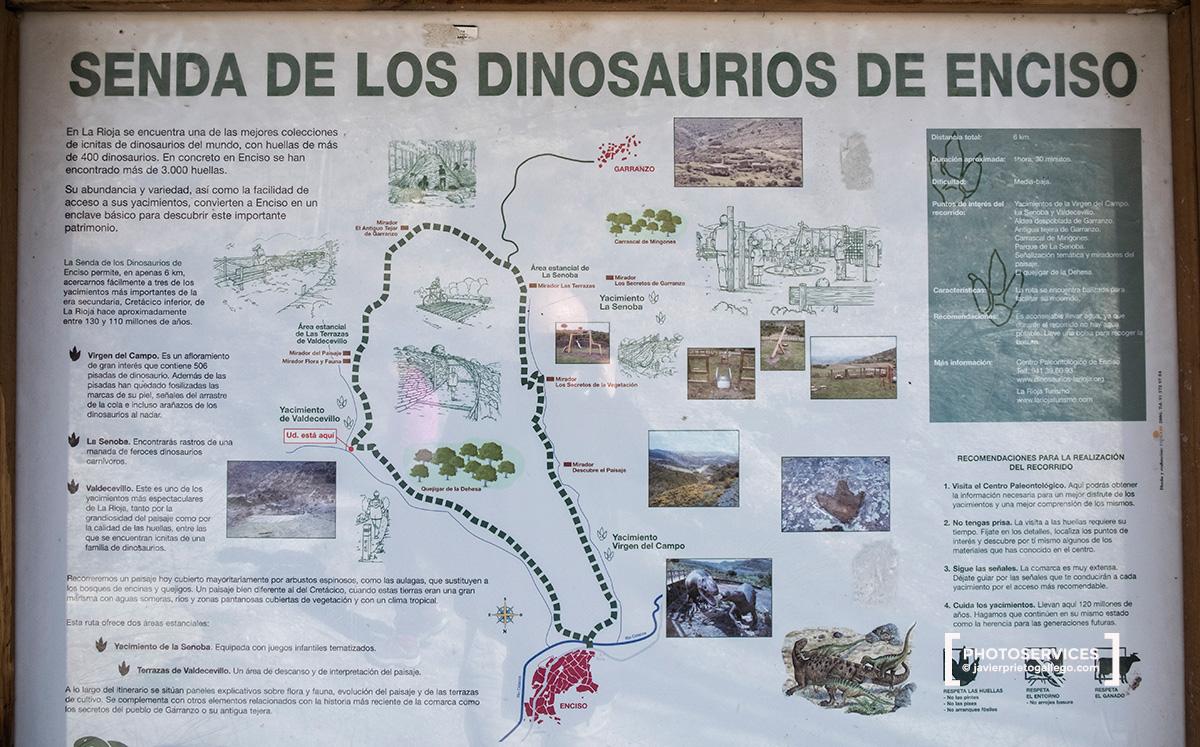 Panel informativo de la Senda de los Dinosaurios. Yacimiento de Valdecevillo. Senda de los Dinosaurios. Ruta de los Dinosaurios. Enciso. La Rioja. España. © Javier Prieto Gallego
