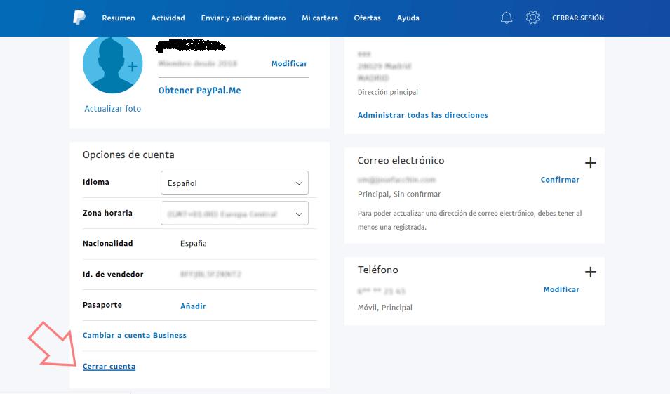 eliminar cuenta paypal
