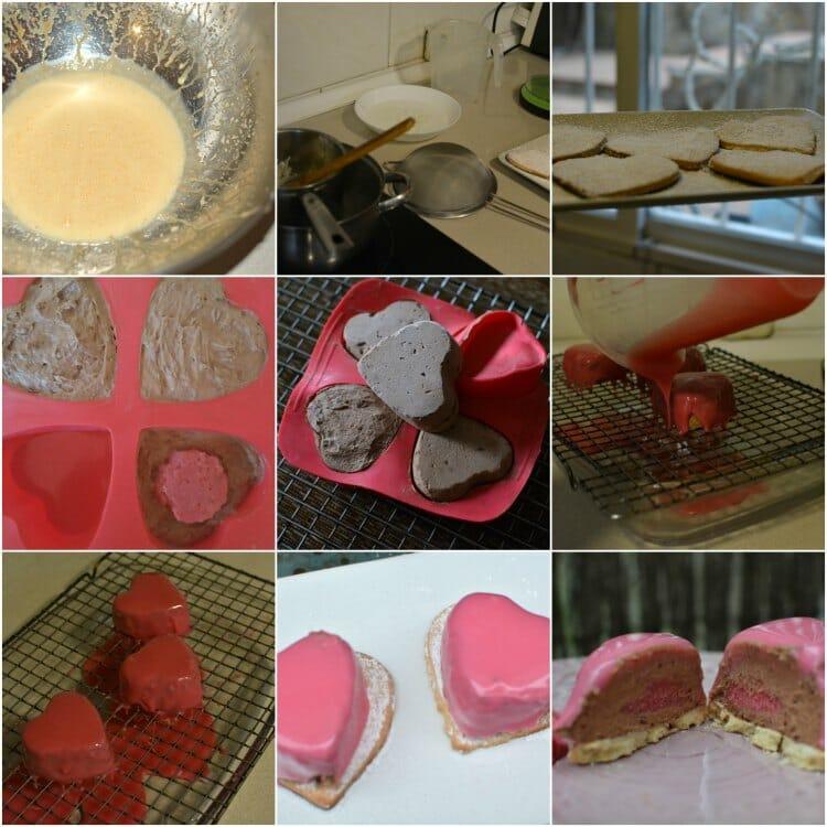 corazones de san valentín rellenos de mousse de chocolate y fresas