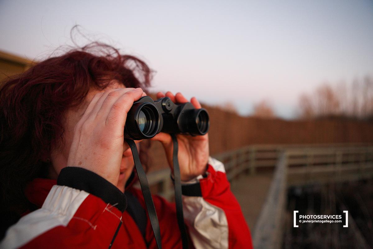 Una aficionada observa aves en la laguna de La Nava al atardecer. Tierra de Campos. Palencia. Castilla y León. España.© Javier Prieto Gallego