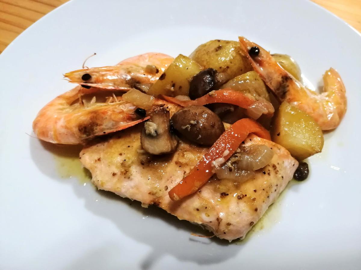 salmón al horno patatas salsa miel mostaza jengibre