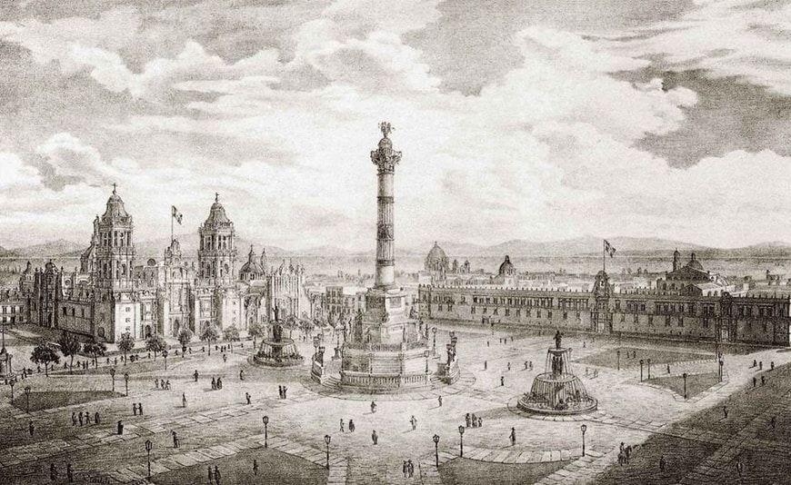 Dibujo del proyecto del monumento a la independencia de Lorenzo de la Hidalga, que le dio el nombre de Zócalo a la Plaza de la Constitución de CDMX