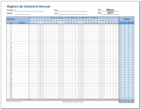 registro de asistencia de alumnos mensual