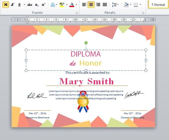 diploma certificado editable word