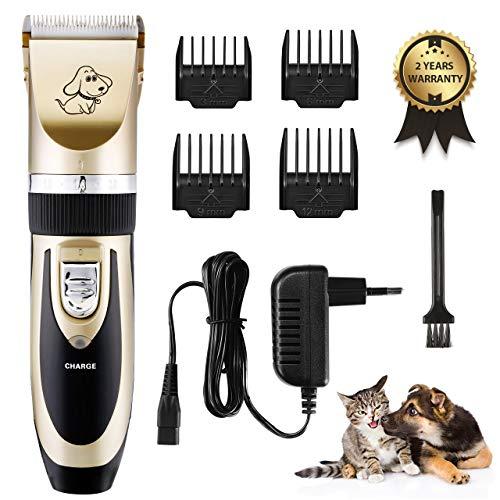 OMORC - Cortapelos para Perro y Gato, Bajo Ruido y Vibración, Máquina de Cortar Pelo Inalambrica con 4 Peine Ajustable para Pelo Rizado, Ondulado, Largo de los Animales, Profesional y Bonito, Oro