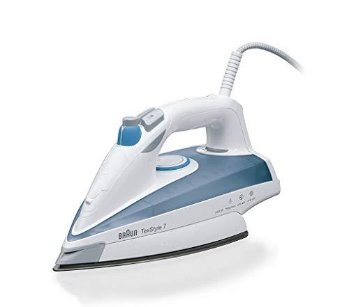 Braun Texstyle 7 TS725- Plancha ropa vapor, 2400 w, 180 g/min golpe vapor, depósito agua 400ml, sistema antigoteo, vapor vertical, acero inoxidable, blanco y azul