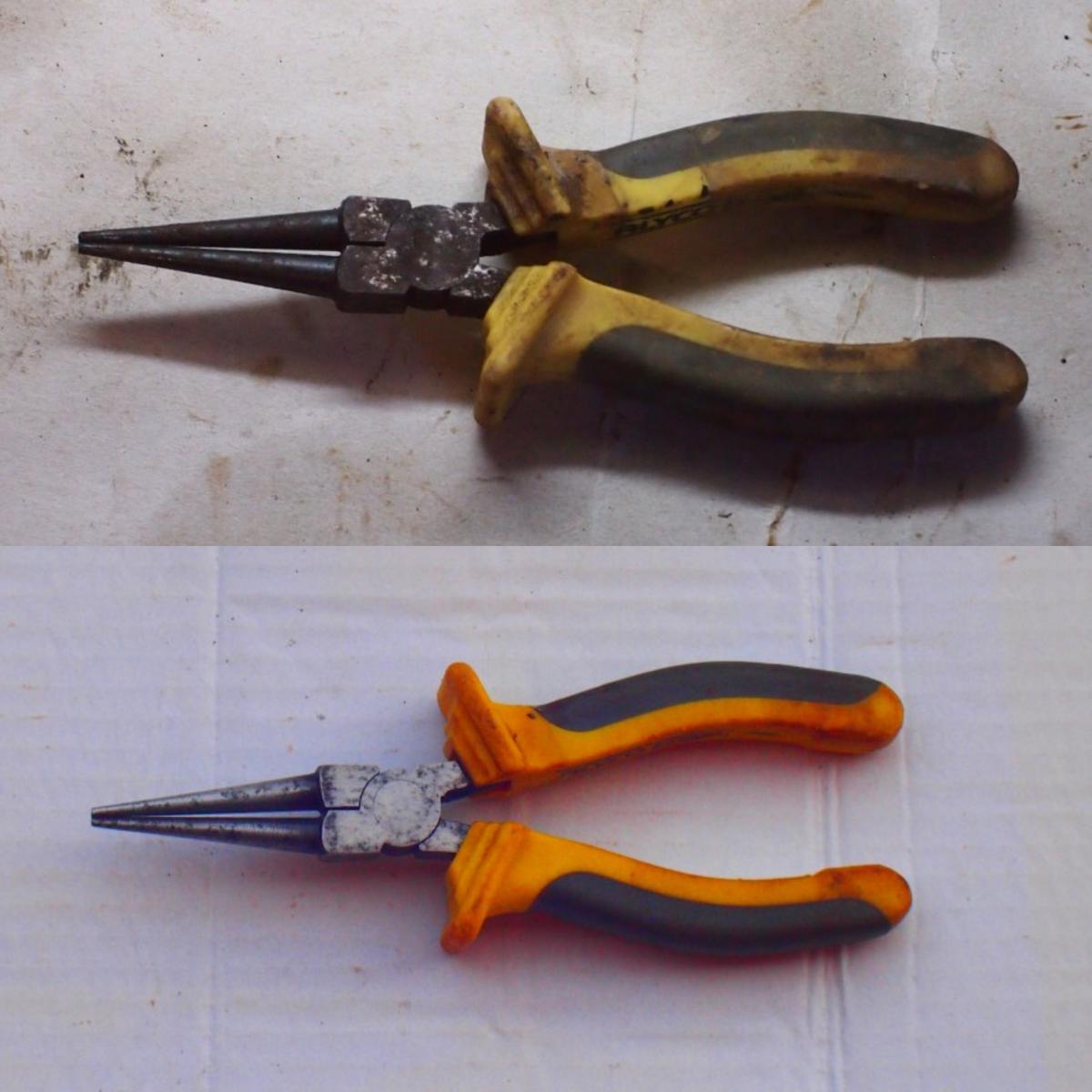 Antes y despés de unos alicates restaurada
