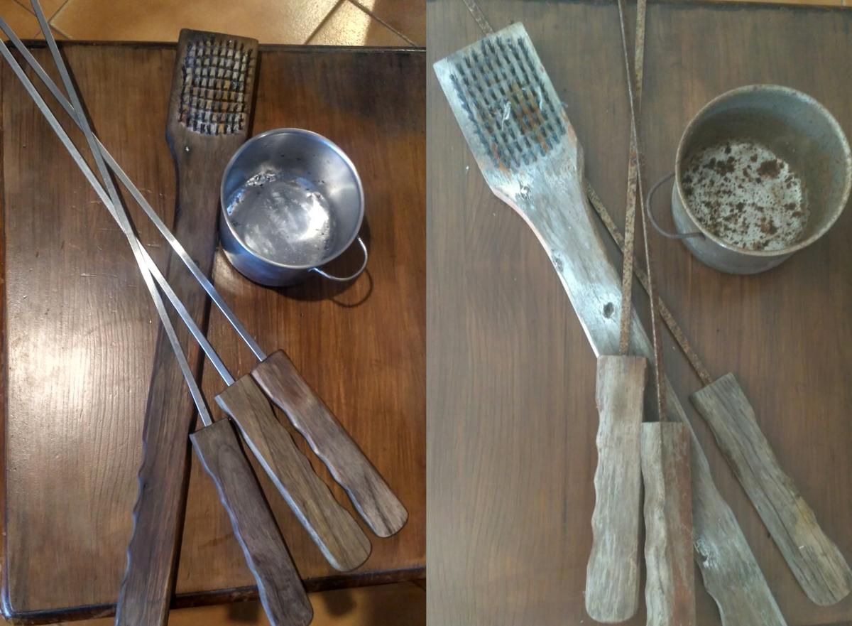 Restauración con niños: antes y después de unos utensilios para hacer barbacoa muy oxidados