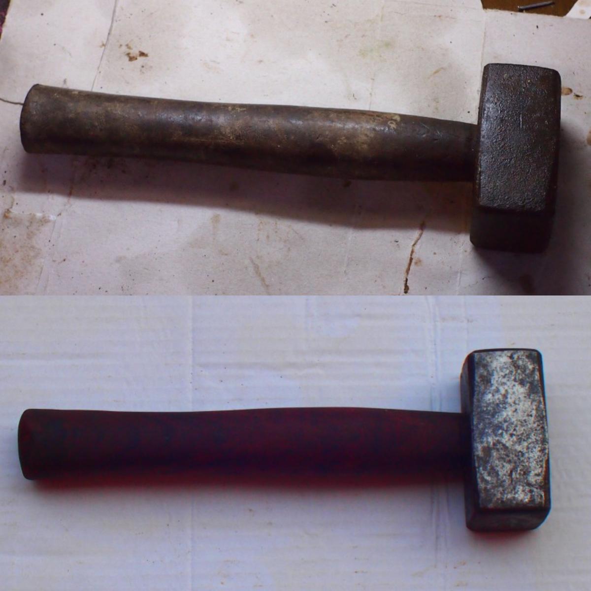 Antes y despés de un martillo restaurada. Este martillo tiene un mango de ebano muy bonito