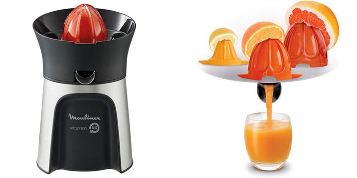 Exprimidor de naranjas eléctrico Moulinex con tres cabezales intercambiables, disponible en Amazon.