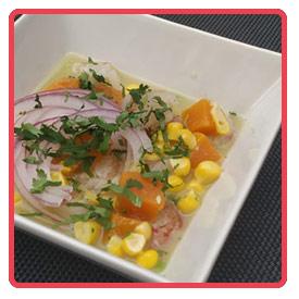 Ceviche de gambones con salsa de cacahuetes