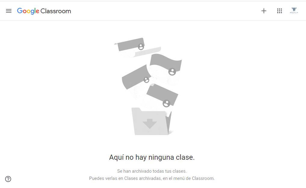 pantalla de inicio de Google Classroom