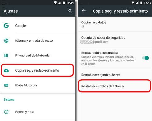 restablecimiento de fabrica