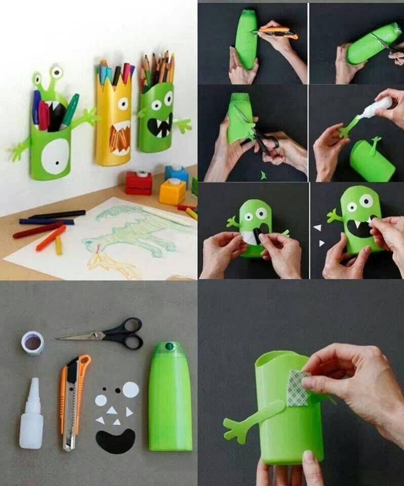 Portalápices con botes de champú. Vía Pinterest.