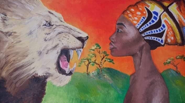 Ilustración del libro Madre Tierra en el que se ve una mujer africana en frente de un león, ambos de perfil. El león ruge pero no tiene miedo. 