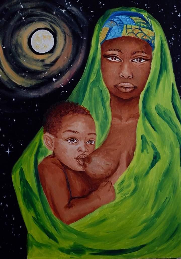 Ilustración del cuento Madre Tierra en el que se ve una mujer con manto verde dando el pecho a su bebe. La luna de fondo