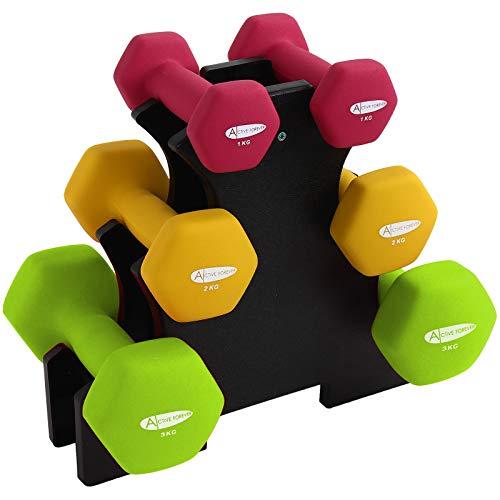 Active Forever 3 Pares Mancuernas Hexagonales con Soporte, Mancuernas Antideslizantes Impermeables de Neopreno (1kg + 2Kg + 3kg / Pares)