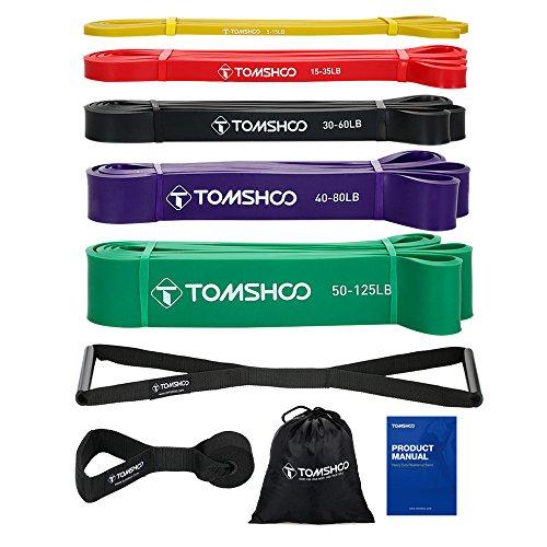 TOMSHOO Bandas de Resistencia Elástica Set con 5 pcs Pull Up Bands 1 Anclaje de Puerta 1 Manija, Bandas Elasticas de Fitness de Caucho Natural para Yoga, Pilates, Entrenamiento de Fuerza Muscular
