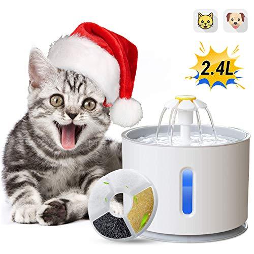 ADOV Fuente para Gatos, 2.4L Dispensador Automático de Agua Eléctrico con Luz LED, Filtro de Reemplazable y Adaptador USB, Flor Portátil Estilo Bebedero para Gatos, Perros y Pequeños Animales (Gris)