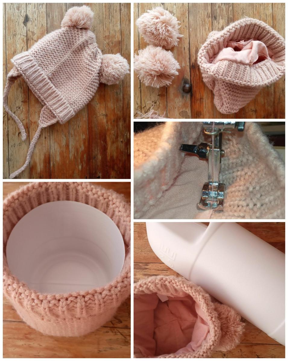 todos los pasos para realizar el diy macetero con gorro de lana