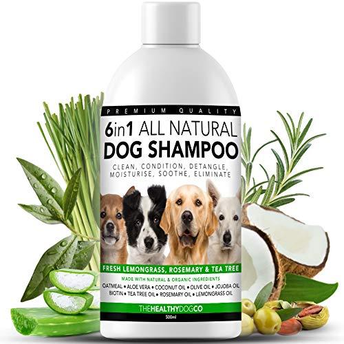 Champú para Perros 6 en 1 Completamente Natural | Citronela, Romero y Árbol de Té | 500ml | Limpia, Condiciona, Desenreda, Hidrata, Alivia la Picazón, Elimina los Gérmenes y los Olores para Perros