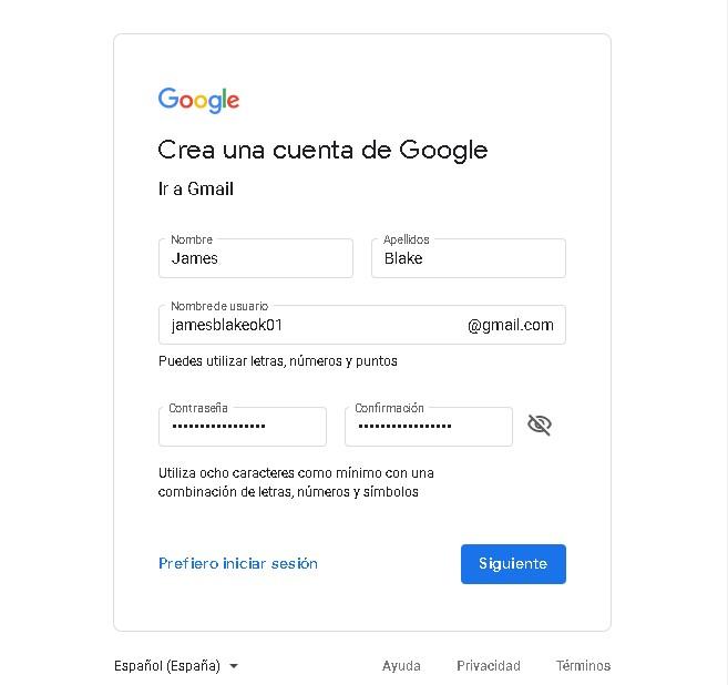 completar datos cuenta gmail