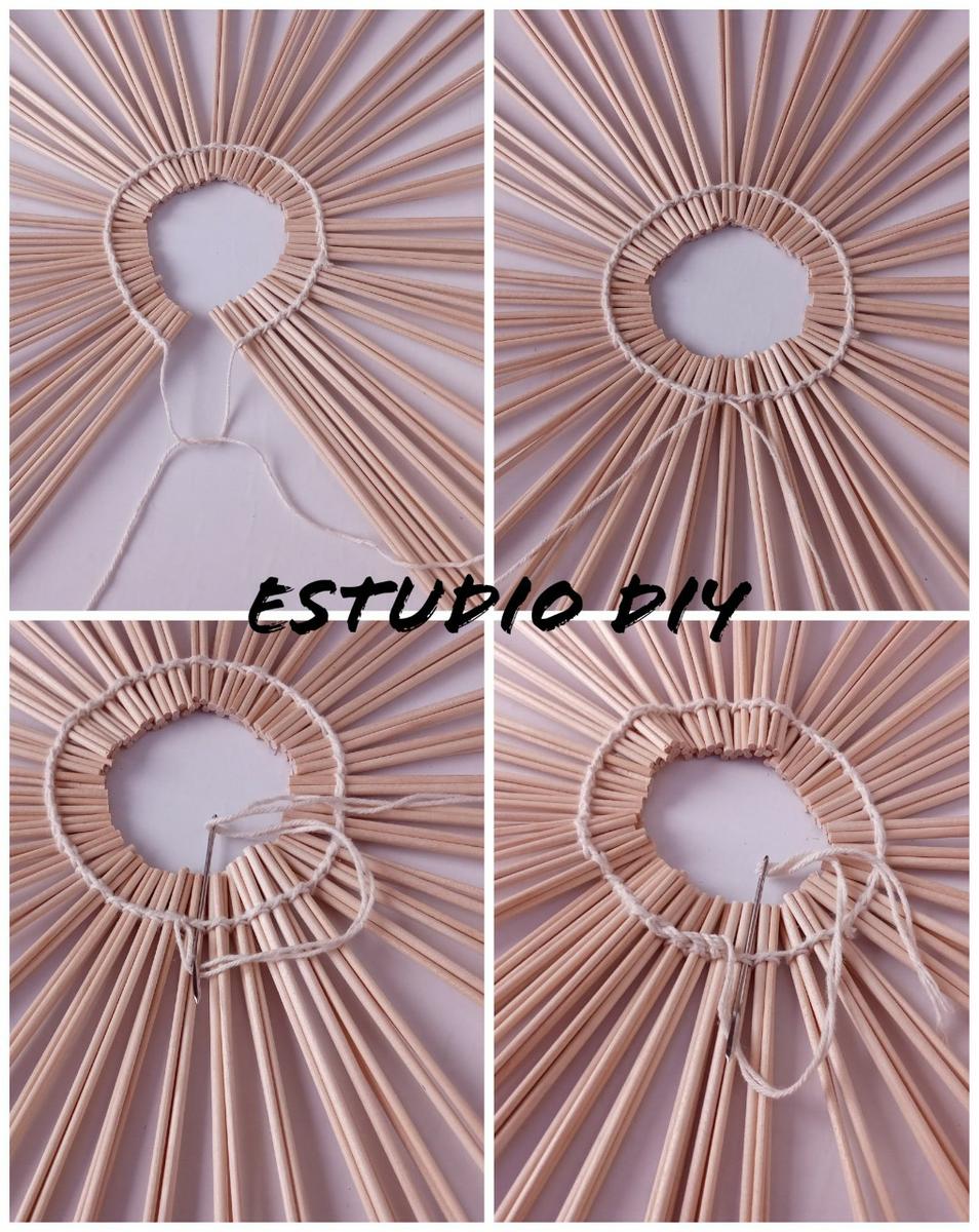 proceso creación rueda palitos de madera y rafia