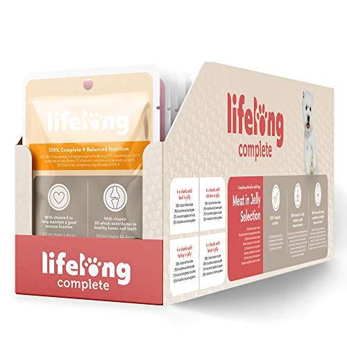 Marca Amazon - Lifelong Alimento completo para perros adultos - Selección de carne en gelatina, 2,4 kg (24 bolsitas x 100g)