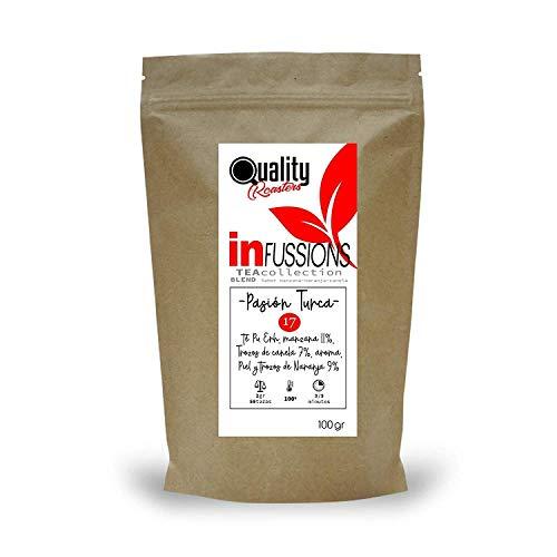 Té Rojo. Pasión Turca. Blend. Con Té Pu Erh (Té Rojo), Canela (7%), Manzana (11%), Naranja (9%). Antioxidante. Diurético. 100 gramos