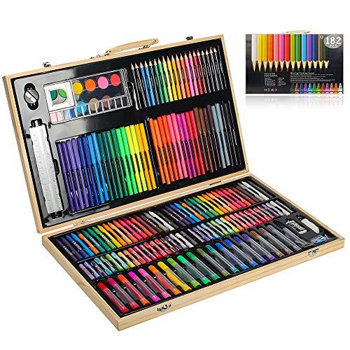 MIAOKE 182 Set de Pintura Niños, Caja de madera Deluxe y Kit de Kit de dibujo con lápices de colores, pincel de acuarela, crayones de cera, pasteles al óleo, pastel de acuarela, 46,5 * 28,5 * 4,1 cm