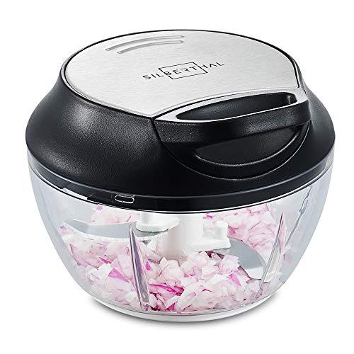 SILBERTHAL Picadora Manual con Cuerda 500ml | Picaverduras con tapa y rascador para Especias Tomate Cebolla | Cortador de Verduras 3 Cuchillas manual | Acero Inoxidable y plástico