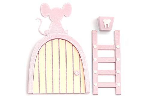 Ratoncito Pérez puerta color Rosa Algodón a su casita con escalera y cajita para diente de leche. Hecha en España