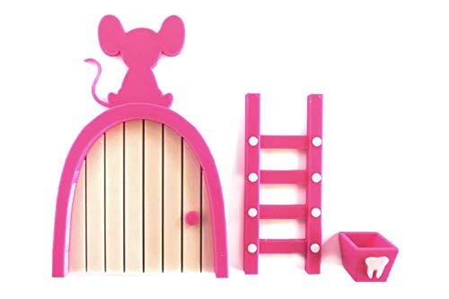 Ratoncito Pérez puerta rosa a su casita con escalera y cajita para diente. HECHO EN ESPAÑA