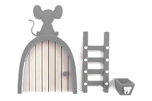 Ratoncito Pérez puerta gris a su casita con escalera y cajita para diente de leche. Hecha en España