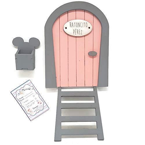 Puerta Ratoncito Pérez rosa,con escalera,buzón y certificado
