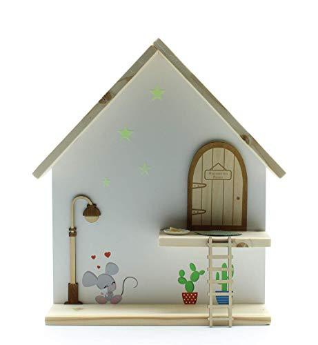 Kit ratoncito Pérez Casita de madera Handmade. Brilla en la oscuridad. Puerta, farola y escalera de madera para pintar y personalizar+Alfombra+Plato+Quesito+estrellas luminosas