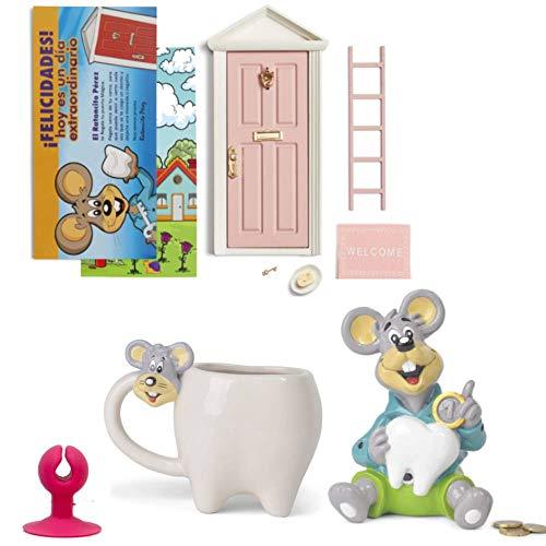 Ratoncito Pérez Puerta Mágica + Hucha Infantil + Taza en Forma de Diente (Pink)